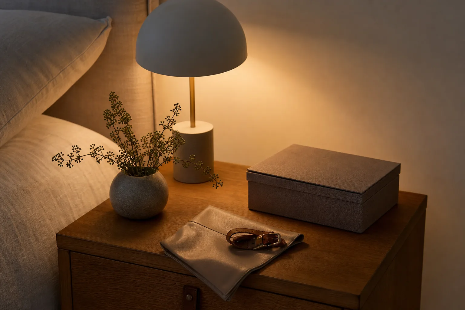 En vikt läderdetalj och mjuk textil i varmt lampljus