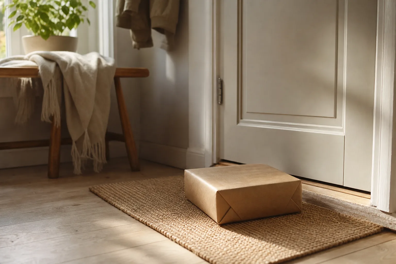 Ett neutralt paket vid en ytterdörr i morgonljus