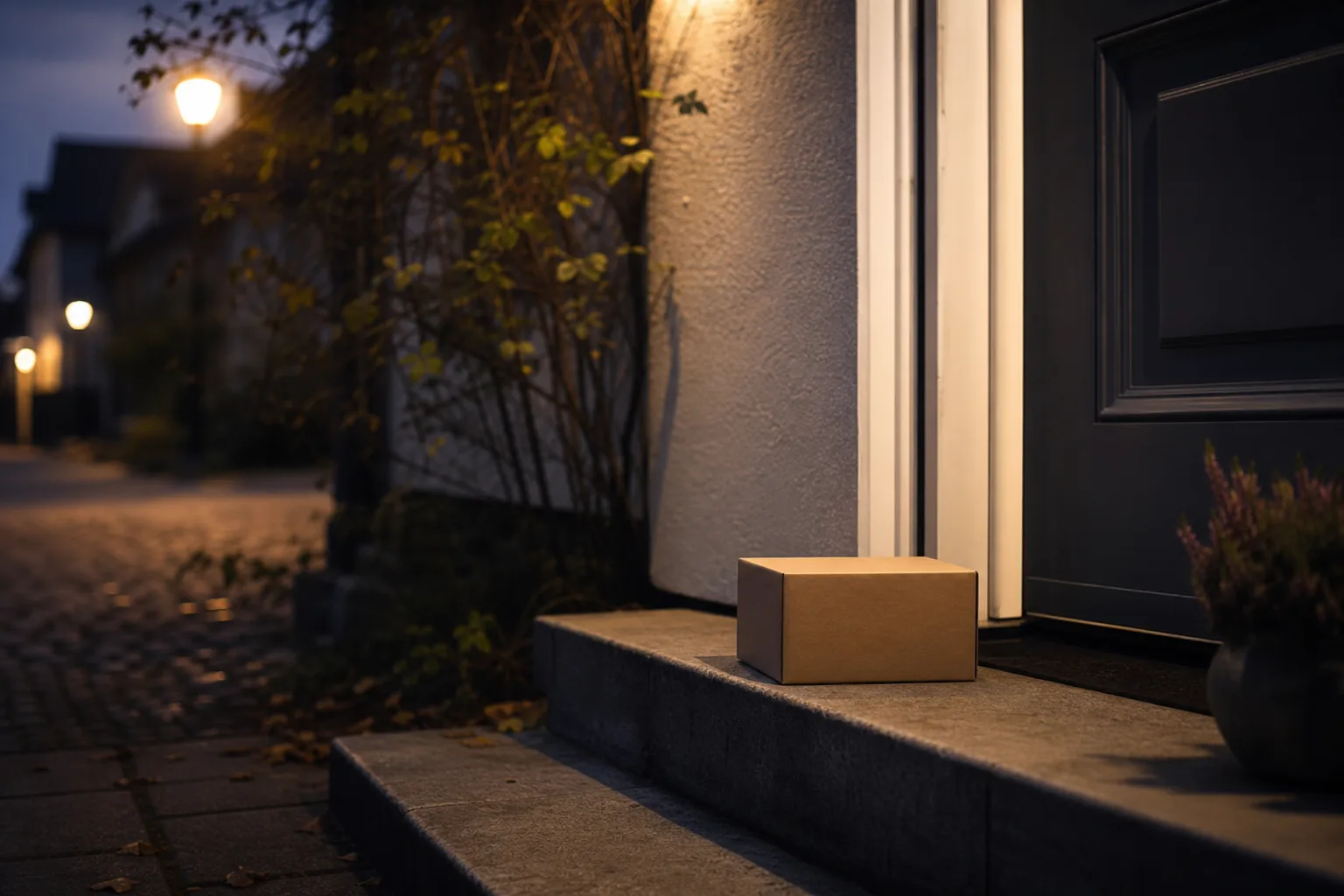 Ett omärkt paket på en trappa i kvällsljus
