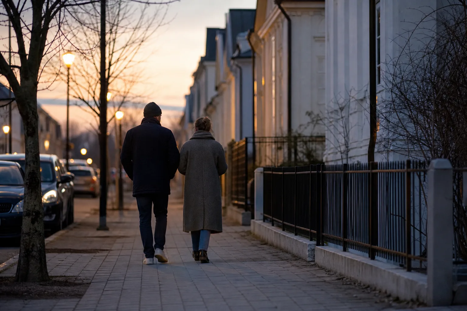 Ett par som går tillsammans på avstånd på en tyst gata i kvällsljus