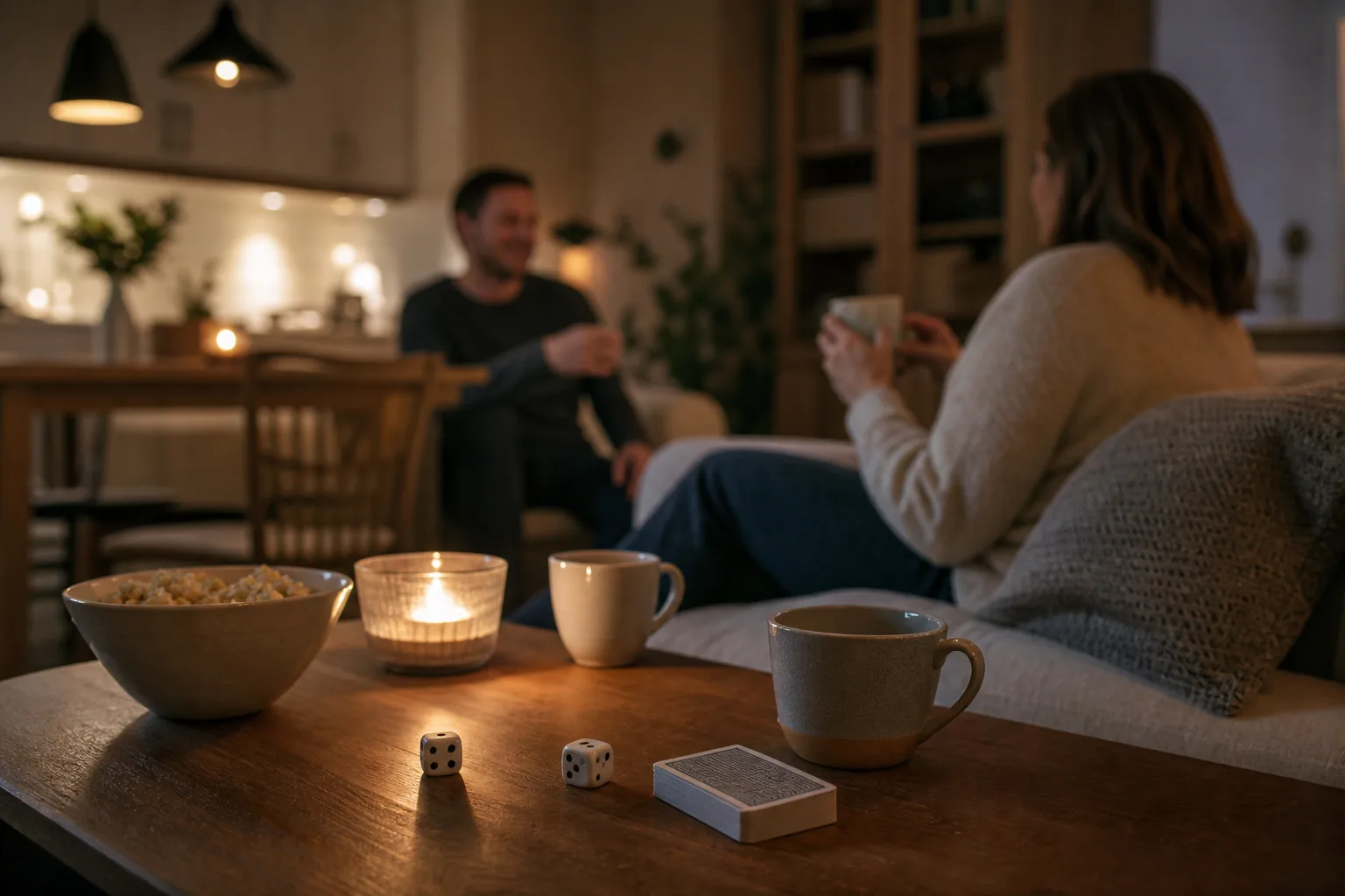 Tärningar och ett spelpaket på ett sängbord i varmt kvällsljus