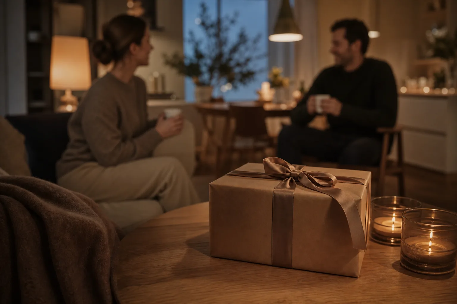En diskret presentask med sidenband på en byrå i varmt ljus