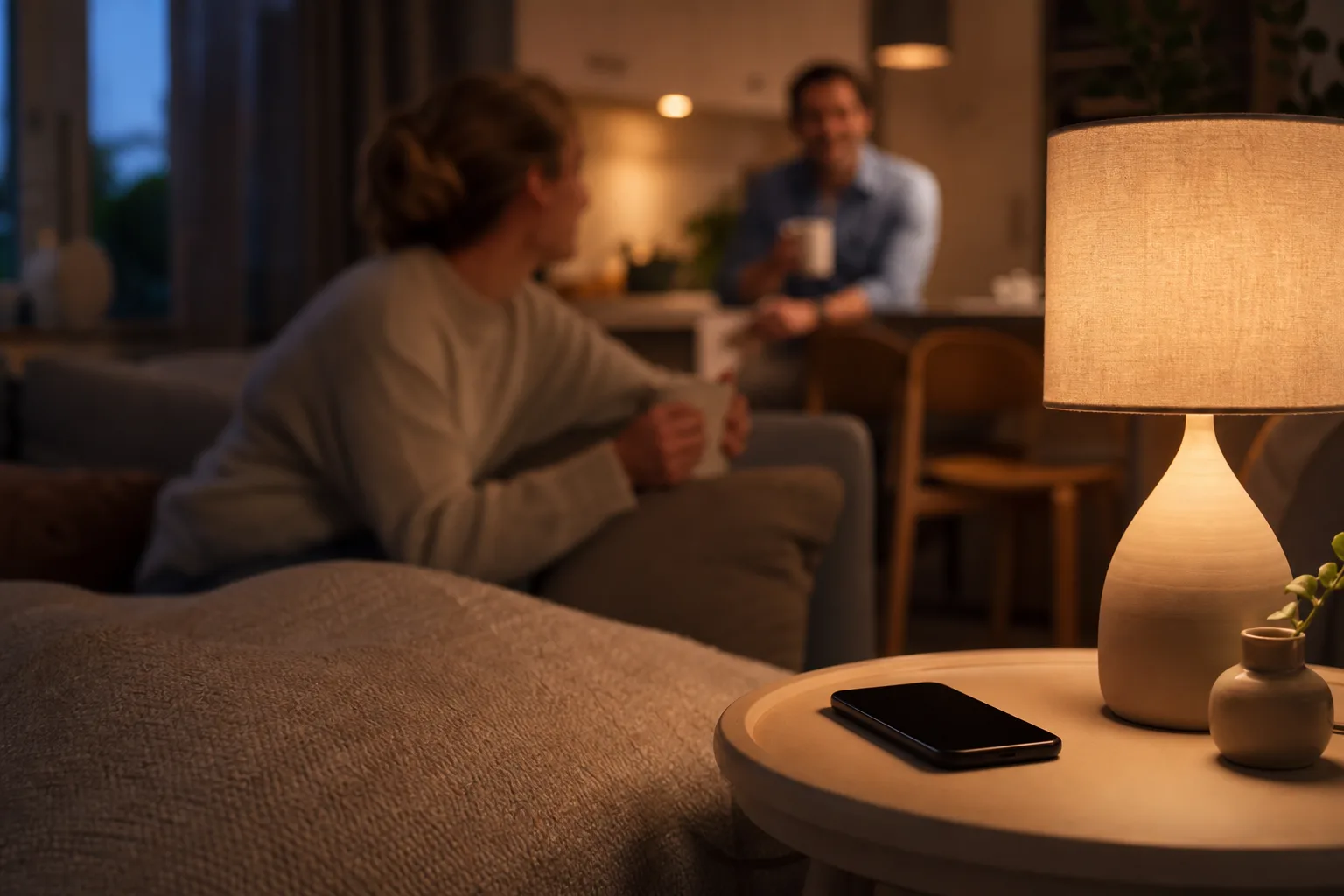 En mobiltelefon på ett nattduksbord i varmt kvällsljus