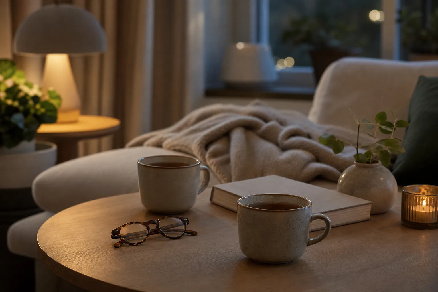 Två teekoppar och en varm filt på ett soffbord i kvällsljus
