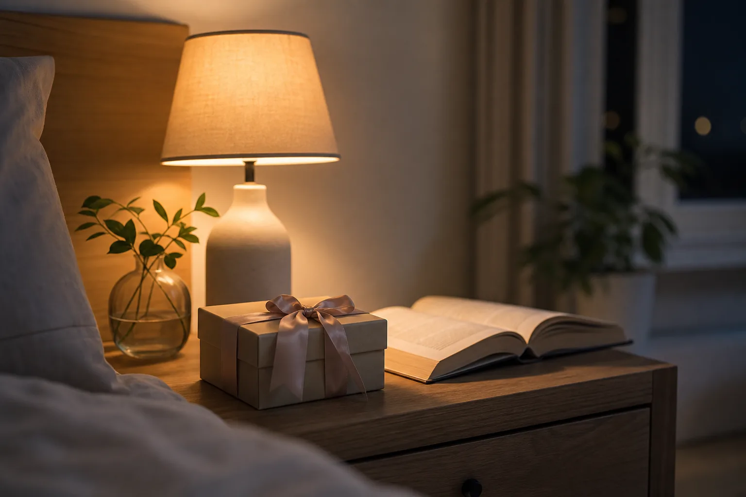 En oetiketterad presentask, en tänd bordslampa och en uppslagen bok på ett nattduksbord