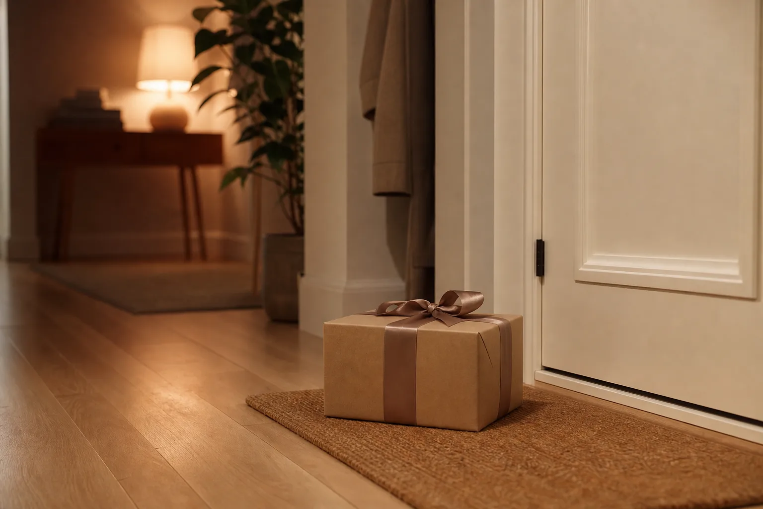 Neutral presentkartong som ställts ned vid en dörr i varmt kvällsljus