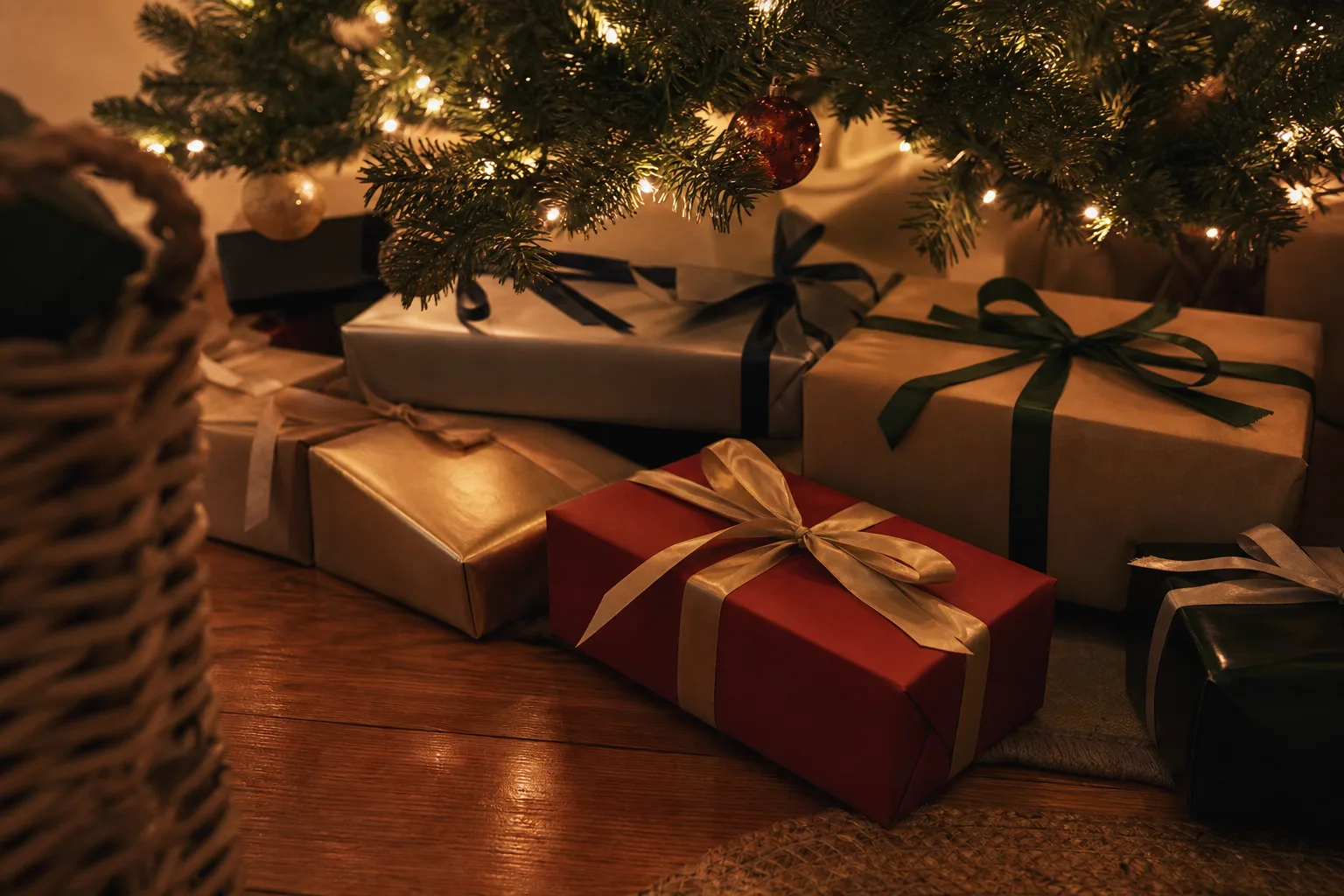 Diskret röd presentask med guldband bland andra julklappar