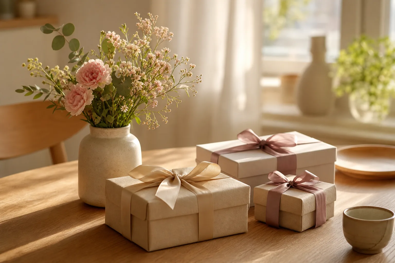 Två tekoppar och en liten bukett blommor bredvid en oöppnad presentask