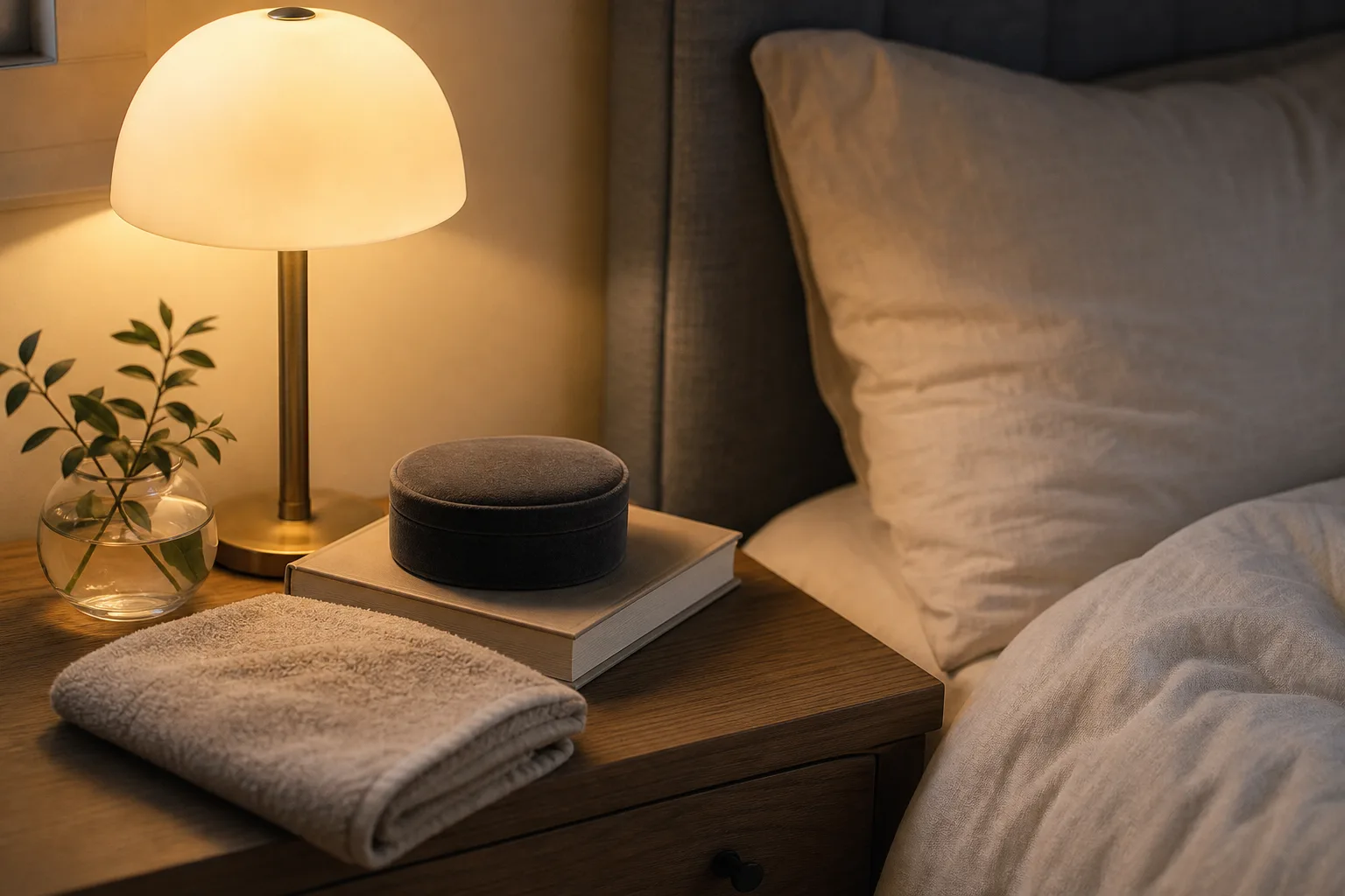 Ett nattduksbord i varmt kvällsljus med en tänd lampa och en stängd förvaringsask