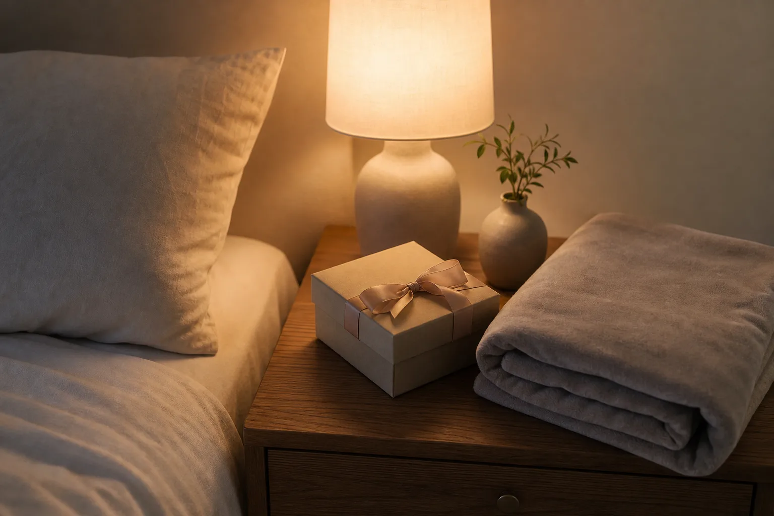 En byrå med en tänd bordslampa och en vikt sammetsfilt